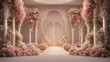 3d rendering of a stage with pink flowers and an arch in the background