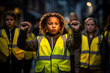 children and young people, teenager demonstrate and protest, wear a yellow safety vest, fictitious reason and place