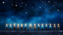 Burning Candles, Hanukkah Celebration Banner, Menorah Candles And Dreidels, Starry Night Sky