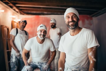 Group portrait of young house painters refurbishing a home