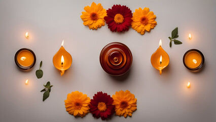 Canvas Print - Flowers and candles on a white background with space for text.