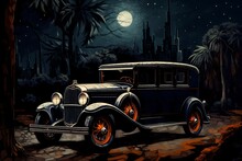 Classic Old Car On The Night Road