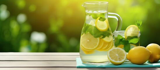 Canvas Print - Lemonade in a jug with lemons fresh mint ice on a garden table Summer picnic outdoors Soft focus