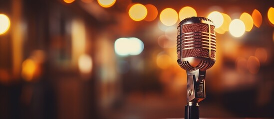 Wall Mural - Vintage microphone on restaurant stage with blurred backdrop