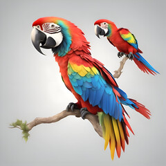 Wall Mural - Two macaws on a branch isolated on gray background. 3d illustration