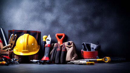 Wall Mural - Various handy tools on a dark background represent a Labor Day concept.