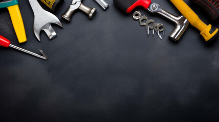 Wall Mural - The image depicts an assortment of useful tools against a dark background, representing the concept of Labor Day