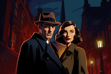 a man and a woman in the style of the film noir