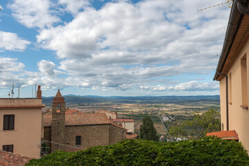 Sticker - Scarlino, church of San Donato, 12th century. Panorama Maremma - Italy.