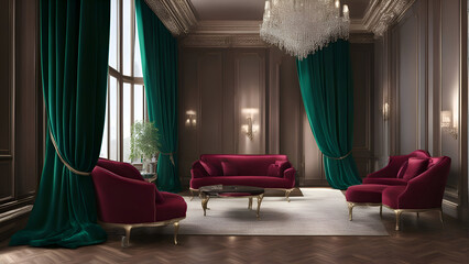 Canvas Print - Classic interior of living room with red sofa. armchairs and green curtains. 3d render