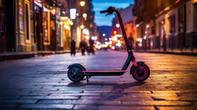 Electric Scooter On The Street At Night. The Concept Of Urban Transport. Generativa IA