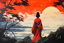 Asian Woman On The Background Of The Ocean In The Style Of Japanese Painting
