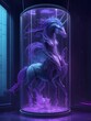 A biomechanical unicorns suspended in a stasis chamber