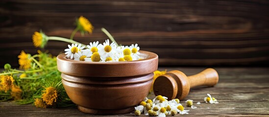 Wall Mural - Chamomile flowers for healing on a wooden table Alternative medicine and natural tea concept Copy space