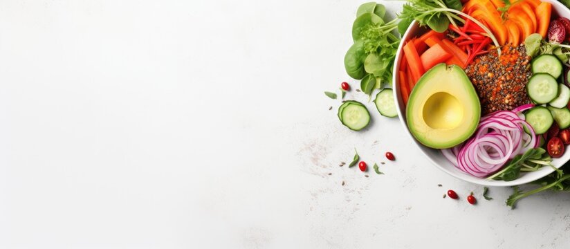 Top view of a white background showcasing a bowl filled with a variety of fresh raw vegetables including cabbage carrot zucchini lettuce watercress salad cherry tomatoes avocado nuts and po