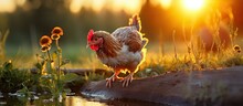 Young Hen Drinking Water From Wooden Pot In Countryside Red Comb On Head Birds Posing In Fresh Grass At Free Range Yard Sunset In Slovakia Europe