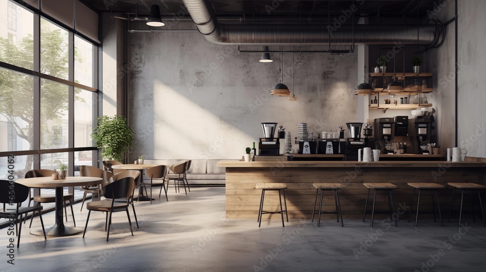 A modern and stylish coffee shop interior with sleek furniture ...