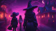 Halloween witch and her children walking in a haunted house. 3d rendering