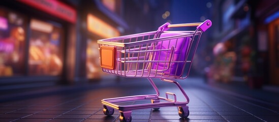 Canvas Print - Realistic a shopping cart emerging from a mobile phone symbolizes online shopping on a colorful neon background