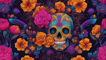 Day Of The Dead Background With Sugar Skull And Flowers. Vector Illustration.