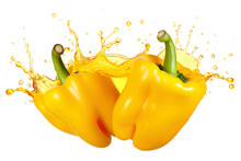 Beautiful Abstract Yellow Pepper And A Splash Of Juice, 3D Illustration On Transparent Background, Generative AI