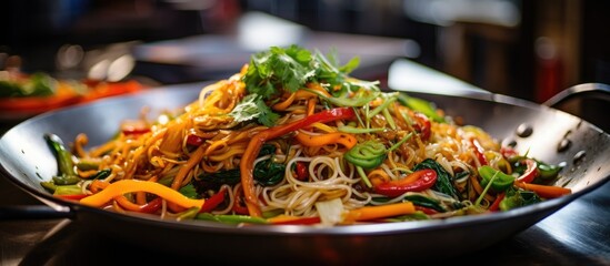 Vegan and vegetarian food a close up of fried vegetable noodle at Thailands market