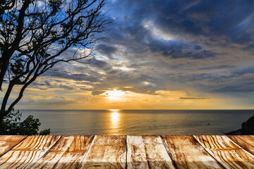 Wall Mural - Table top view with blurred countryside background