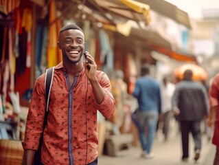 Aufkleber - Young and creative Handsome young African man talking on the mobile phone and smiling while people working on background : Generative AI