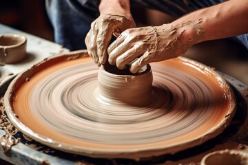 Potter at work Top view of potter making ceramic pot on the pottery wheel : Generative AI