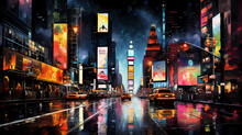 A Depiction Of Times Square At Night With Sparkling Neon