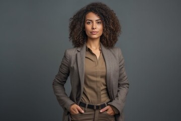 Young and successful Beautiful young woman in smart casual wear keeping arms crossed and looking at camera while standing against grey background : Generative AI