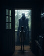 Scary halloween concept. Creepy silhouette of monster and child 