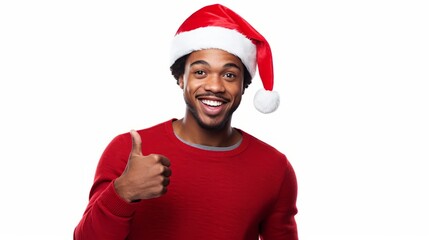 Wall Mural - a closeup photo portrait of a handsome young black african american guy model smiling laughing. wearing a red santa cap hat at christmas. isolated on white studio background. Generative AI