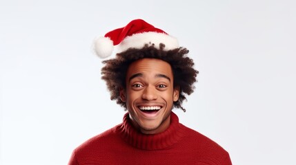 Wall Mural - a closeup photo portrait of a handsome young black african american guy model smiling laughing. wearing a red santa cap hat at christmas. isolated on white studio background. Generative AI