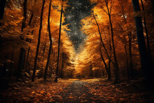 A Forest In The Woods Under The Autumn Night Sky 