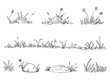 Set Of Grass Doodle Elements. Hand Drawn Grass Field Outline Scribble