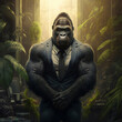 Image of a gorilla wearing black businessman suit like a boss on a jungle office background