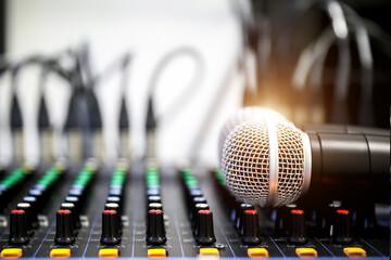 Wall Mural - Close-up microphone and sound mixer in studio for sound record control system and audio equipment and music instrument