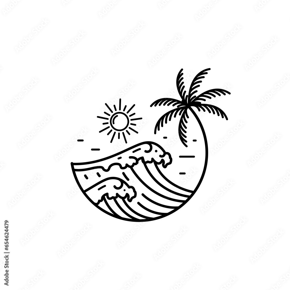 ocean wave tropical island and palm tree logo line art vector ...