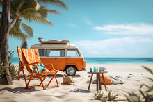 Ready For Summer Travel. Illustration Orange Van With Coconut Palm Tree, Beach Chair And Beach Accessories. Summer And Holiday Concept. Generative Ai