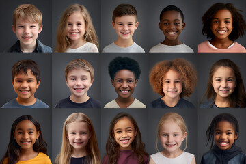 Wall Mural - collage of portraits and faces of smiling multiracial group of various diverse children for profile 