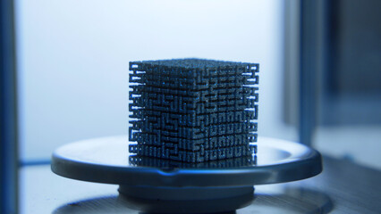 Wall Mural - Close-up of cube in laboratory. Stock footage. Futuristic 3D cube lies in scientific laboratory. Unidentified mysterious cube is in scientific laboratory