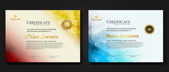 Wall Mural - Set modern certificate template with gradation colorful polygon shape ornament