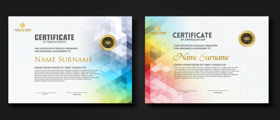 Wall Mural - Set modern certificate template with gradation colorful polygon shape ornament