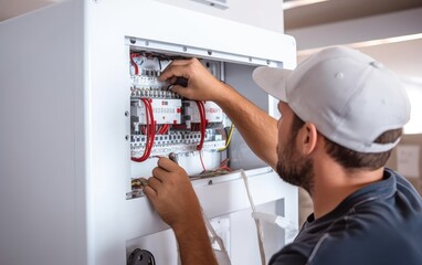 Electrician doing maintenance and installation in white kitchen. Generative AI