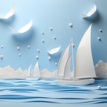 Abstract Paper Art With 3d Papercut Shapes Waves And Layers Texture. Sailboats Floats On The Rough Ocean With Waves. Illustrations, Paper Art And Digital Crafts Style.
