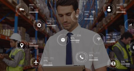 Sticker - Animation of data processing against caucasian male supervisor using digital tablet at warehouse