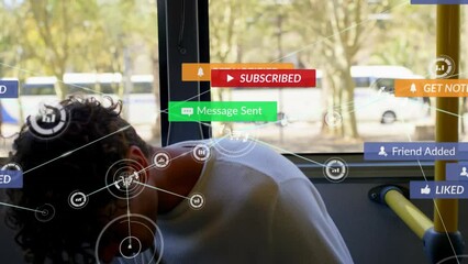 Poster - Animation of network of digital and social media icons over biracial man using smartphone in the bus