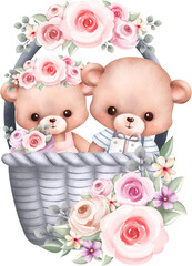 Wall Mural - Cute couple teddy bear in basket with flower wreath