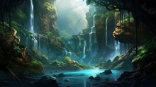 Beautiful Fantasy Scenery Landscape Background Of Waterfall In A Lush Jungle. Lake, Ancient Ruins & Cave In A Rain Forest Wallpaper. Generative AI Illustration. 